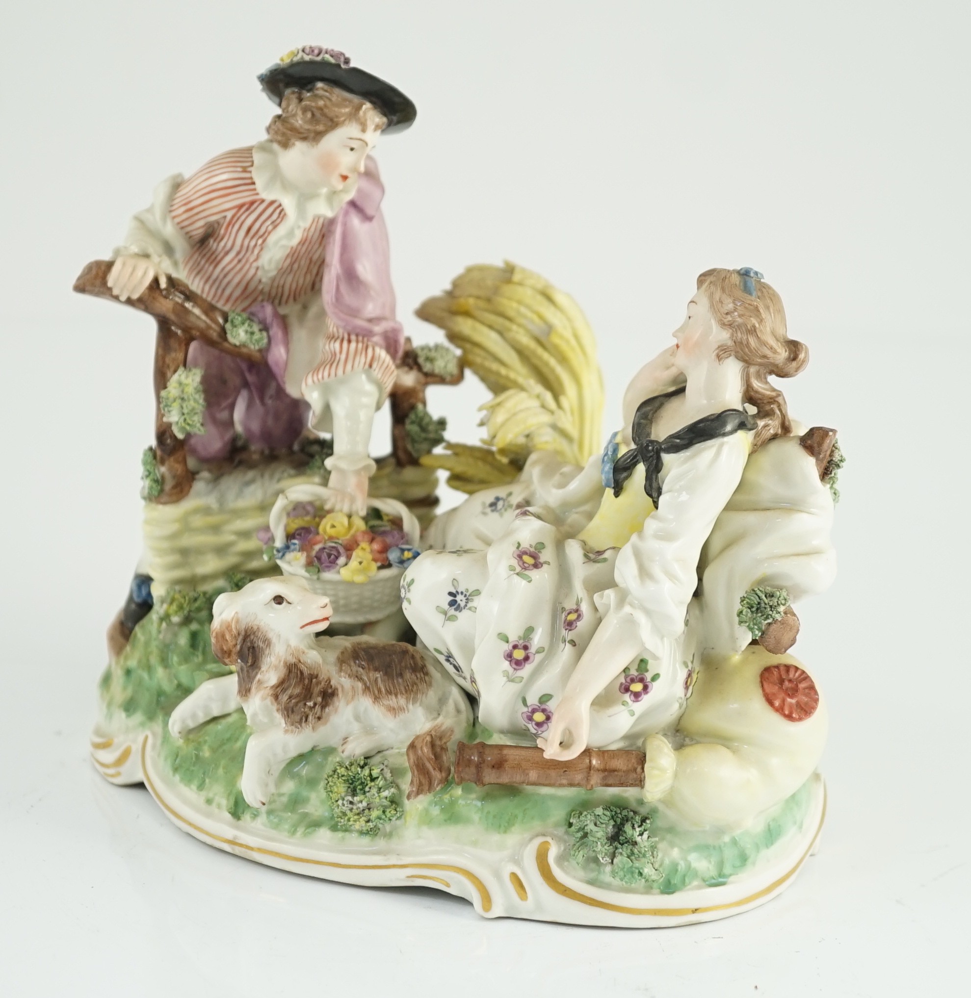 A Frankenthal porcelain bucolic group of two lovers, c.1777, 18cm high, 20.5cm wide, small typical losses, Provenance - purchased from Winifred Williams, Eastbourne/London before 1970.